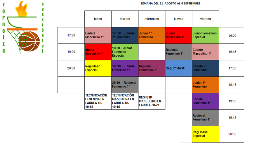 Horarios de entrenamiento de la primera semana